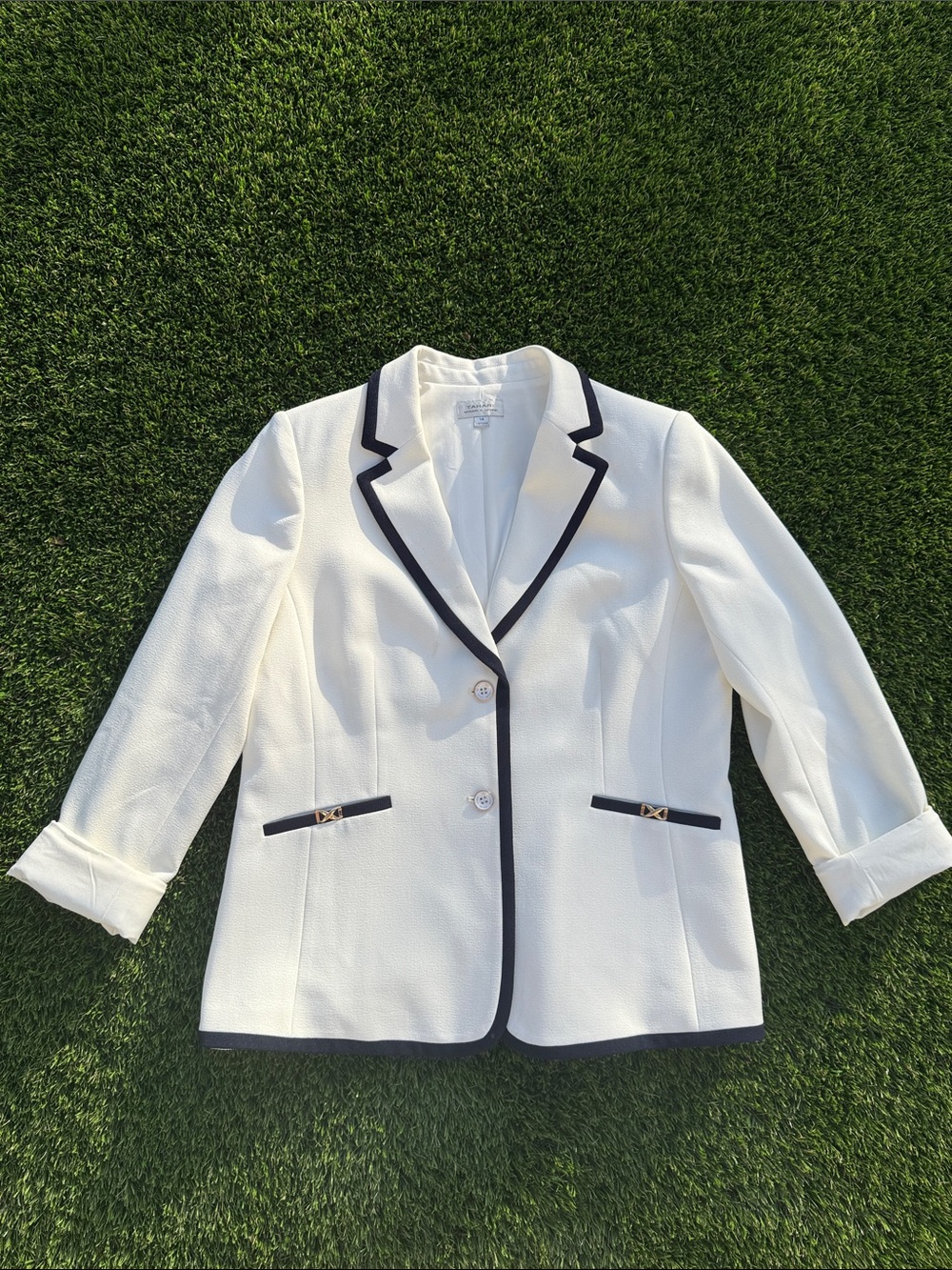 Textured White Blazer with Black Contrast Trim